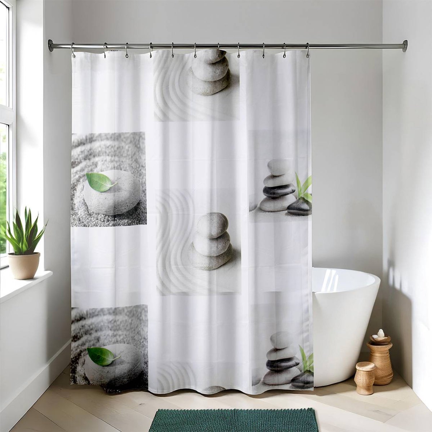 Rideau de douche en plastique 180 x 180 cm avec 12 anneaux blancs décor Dune