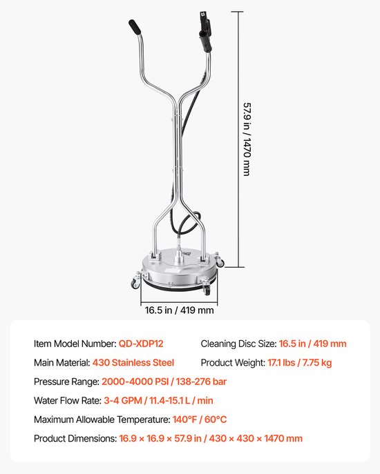 VEVOR Hogedrukreiniger voor Oppervlakken, 419 mm, Vloerreiniger met Wielen, Oppervlaktereiniger voor Opritten, Trottoirs en Stoepranden, Roestvrij Staal, max. 276 bar, met 3/8 inch Snelkoppeling en Verhoogde Handgreep — afbeelding 3