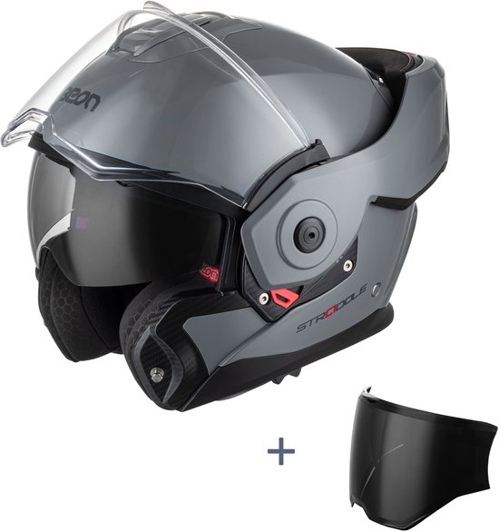 Nardo grijze Beon Stradale systeemhelm met transparant vizier, zonnevizier en extra donker vizier.
