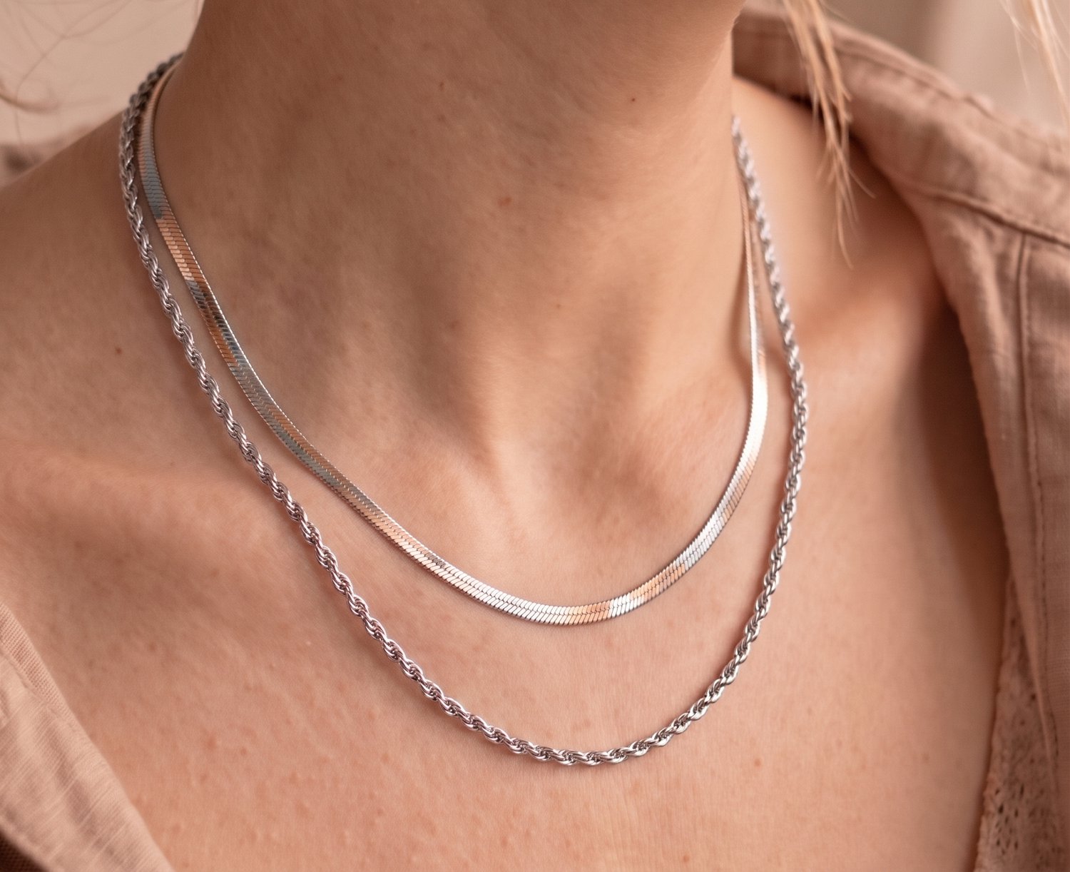 Slangen Ketting Dames 2-Delig - Losse Layered Kettingset - 45 + 5 cm - Roestvrij Staal - Zilverkleurig