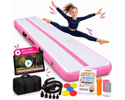 BoActive® Airtrack 3m incl. Turnvideo's & Poster - 300x100x10 cm - Opblaasbare Turnmat - Roze - Gymmat Kinderen - Met Elektrische Pomp & Tas