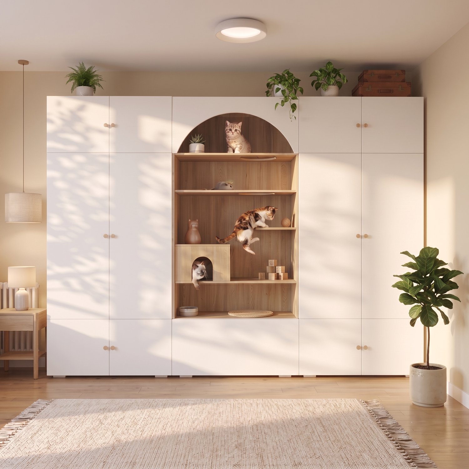 VVBV Kledingkast / Garderobekast 270x50x200 cm – Opbergruimte, Kattenhol, Ligplateaus, Kledingstang, Houtlook, 3-in-1 – Spaanplaat – Wit