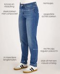 Blauwe denim jeans met rechte pijp, labels tonen knoop- en ritssluiting, steekzakken, opgestikte achterzakken.
