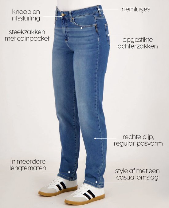 Blauwe denim jeans met rechte pijp, labels tonen knoop- en ritssluiting, steekzakken, opgestikte achterzakken.