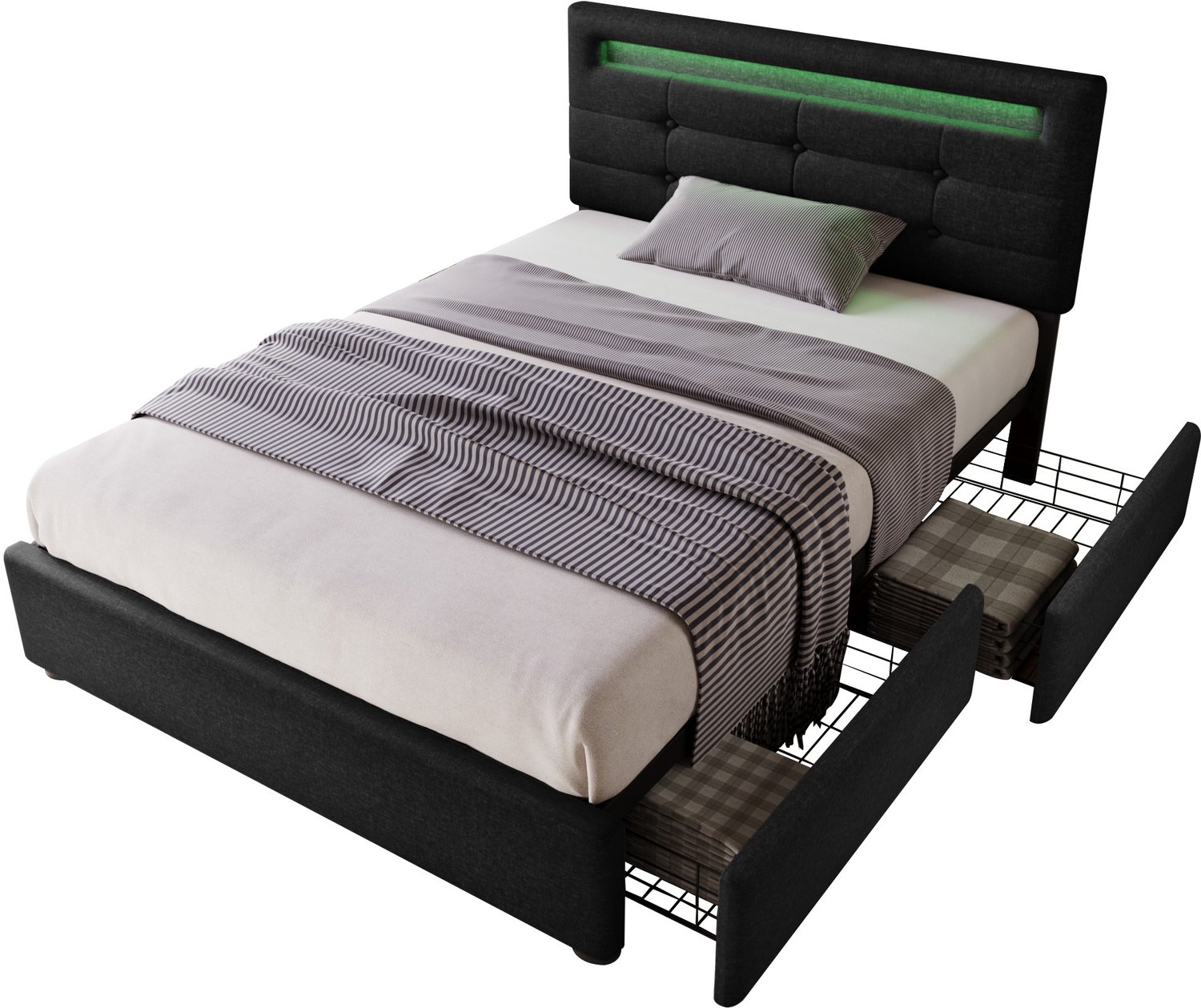 Eenpersoonsbed 90x200 Met Ledverlichting - Bedframe Met Twee Opberglades - Houten Lattenbodem En Verstelbaar Hoofdbord - Zwart Linnen