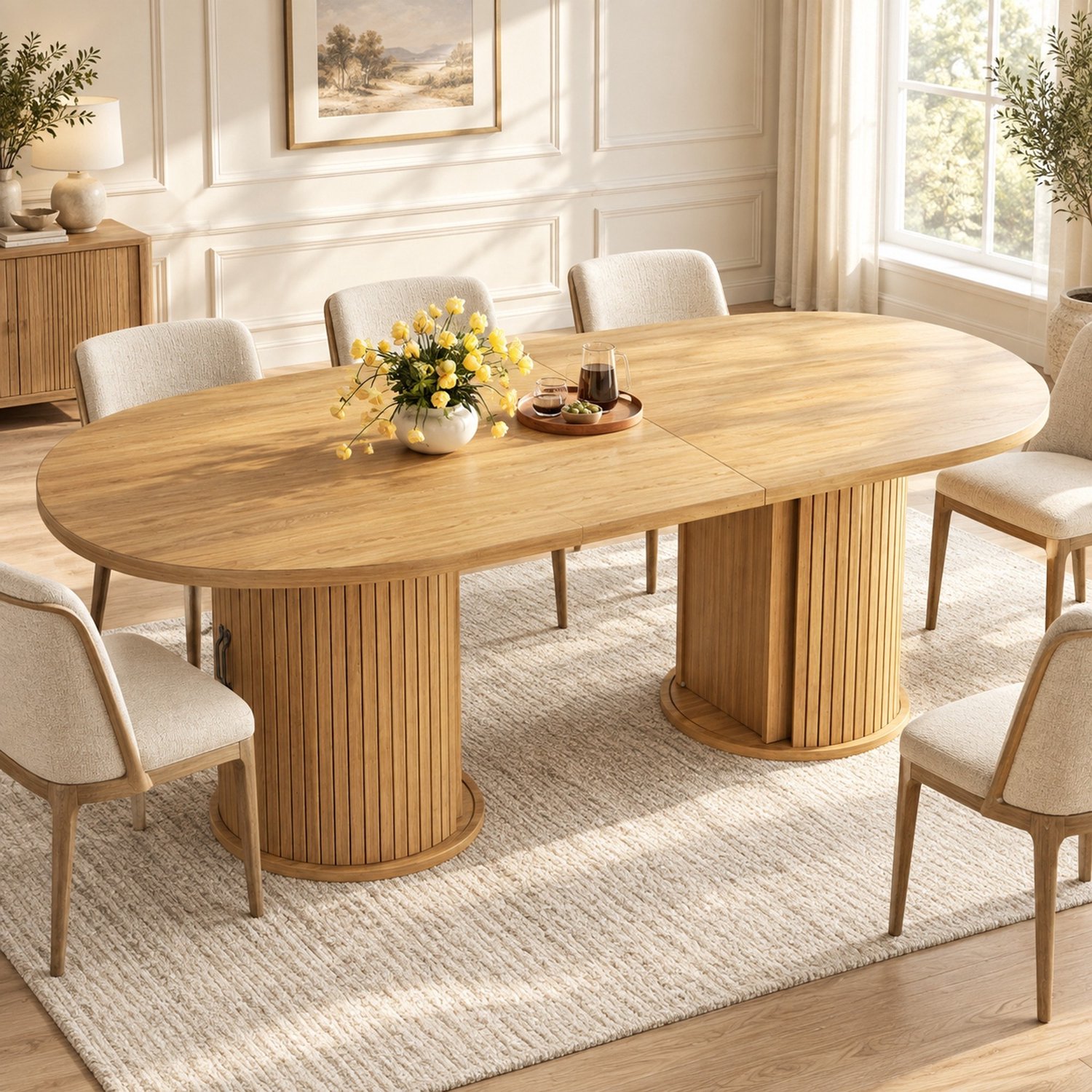 WUVRIE Uitschuifbare eettafel 150-190x80 cm - Verborgen opbergvak en metalen grepen - Naturel Natuurlijk