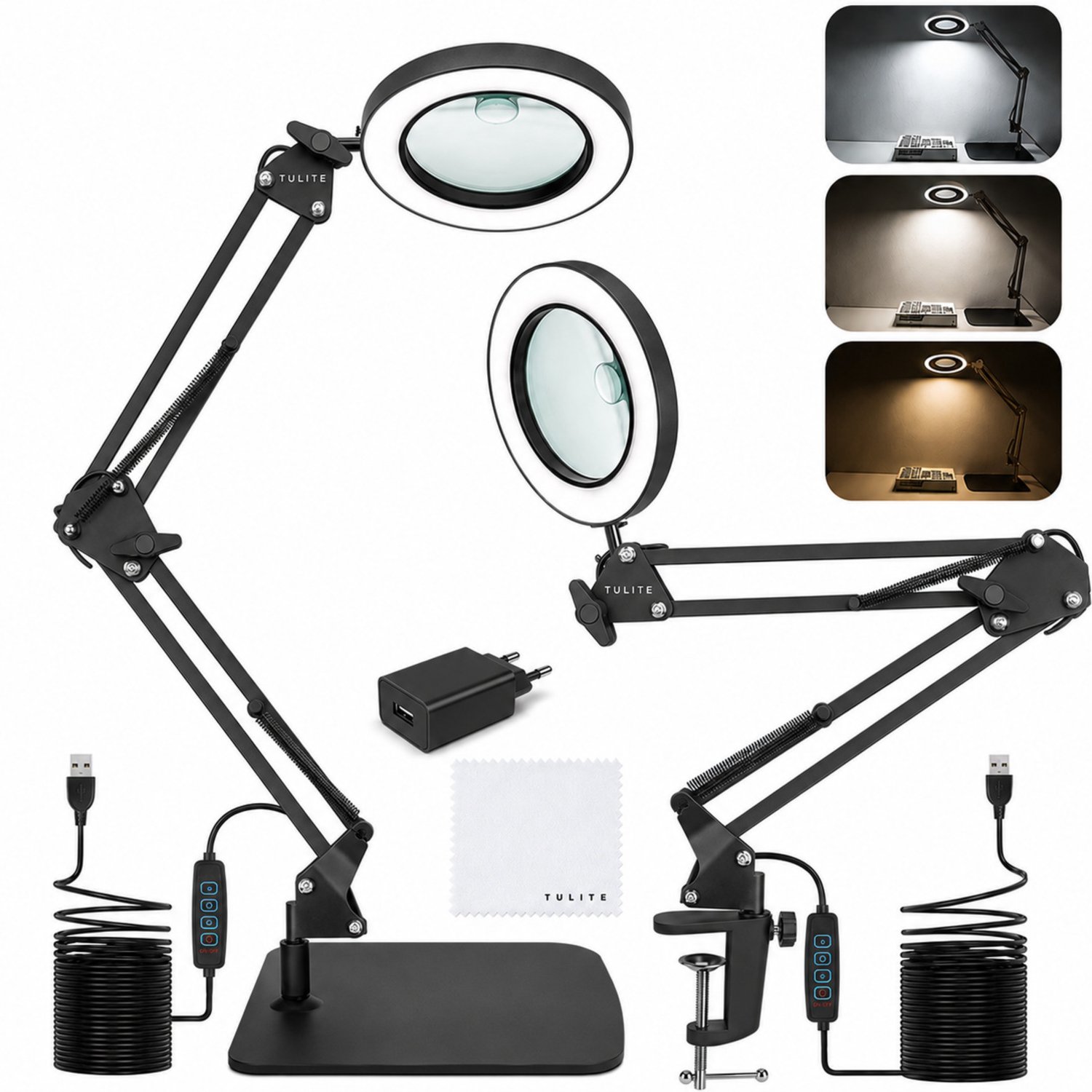 TULITE Loeplamp met LED Verlichting – Vergrootglas 10x – Dimbaar – 3 Lichtkleuren – met Klem en Verzwaarde Standaard – Zwart