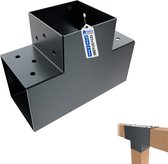 Antracietgrijze T-vormige pergola paalverbinder voor palen van 121x121mm met GeZu label 121x121x365, 7mm en 2mm.