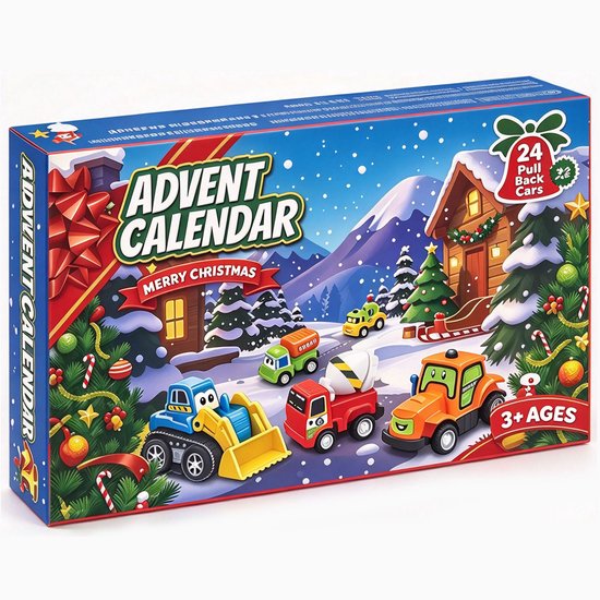 Doos van de Advent Calendar met kerstthema, toont illustraties van voertuigen in een winters landschap.