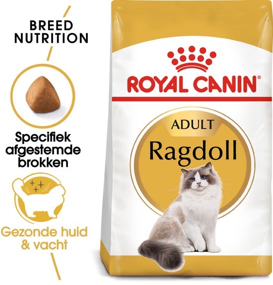 Verpakking Royal Canin Ragdoll met voordelen voor huid, vacht en aangepaste brokvorm.