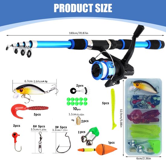 1 stuk - Kindervishengel - Vishengel set voor kinder - Visuitrustingsset - Hengelset - Met opbergrol en accessoires - 1.8m telescopisch - Veilig speelgoed - Geschikt voor zowel beginnende als enthousiaste vissers - blauw — afbeelding 5