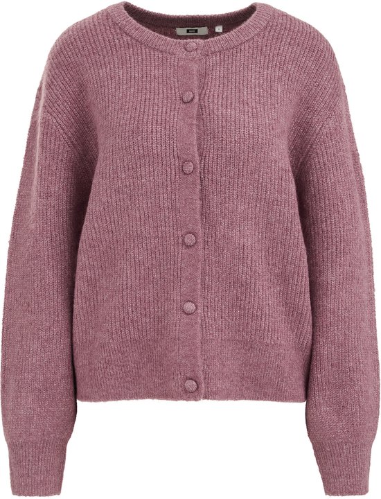 Roze gebreid vest met ronde hals, verticale ribbelstructuur en bijpassende knopen.