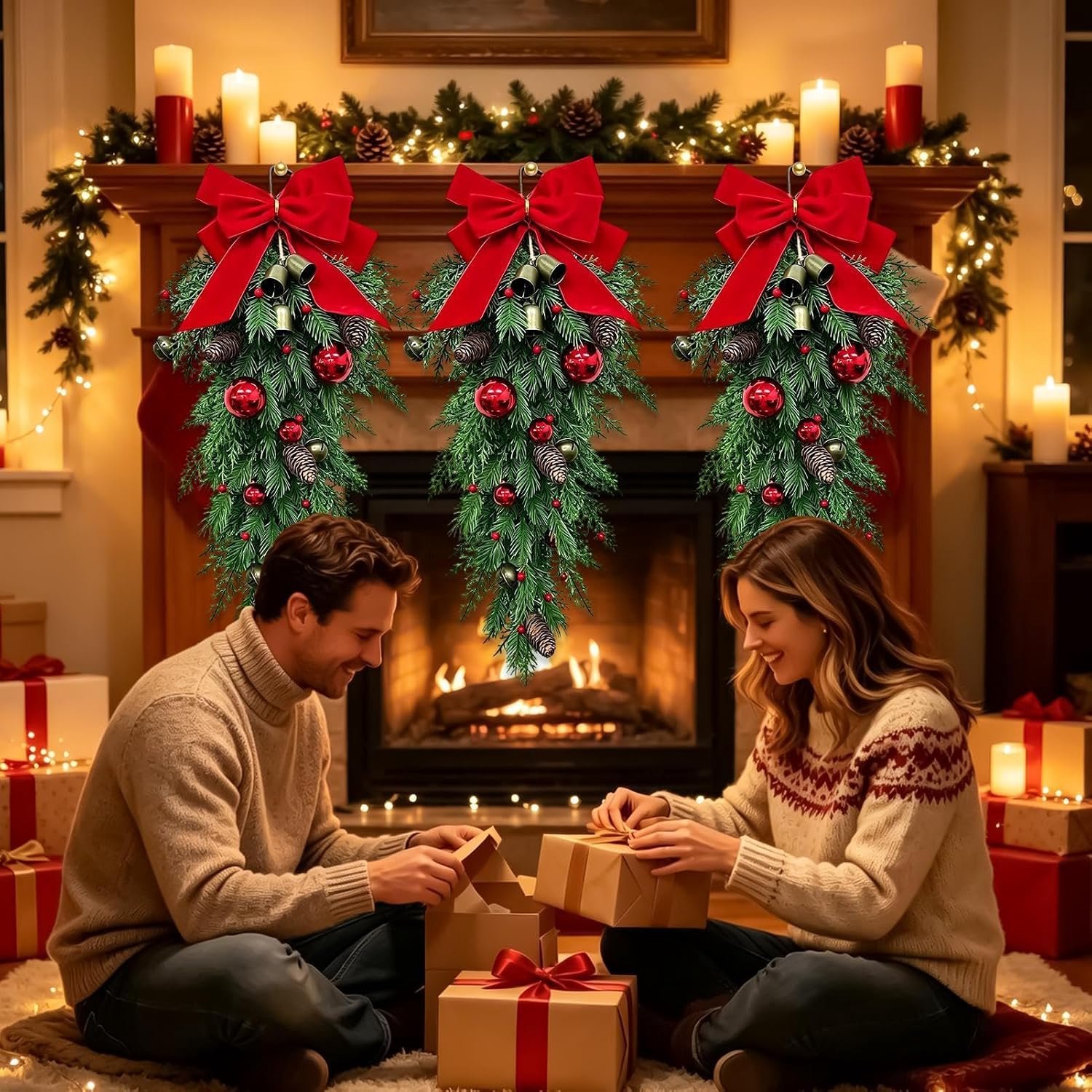 Kerstkrans - Kerstbeldecoratie - Kerstversiering - Kerstdeurhanger - Kerstdecoratie - 70 cm, met verlichting - Geschikt om op te hangen aan woonkamermuren, ramen, trappen en deuropeningen om een feestelijke sfeer te creëren - Groen – foto 3