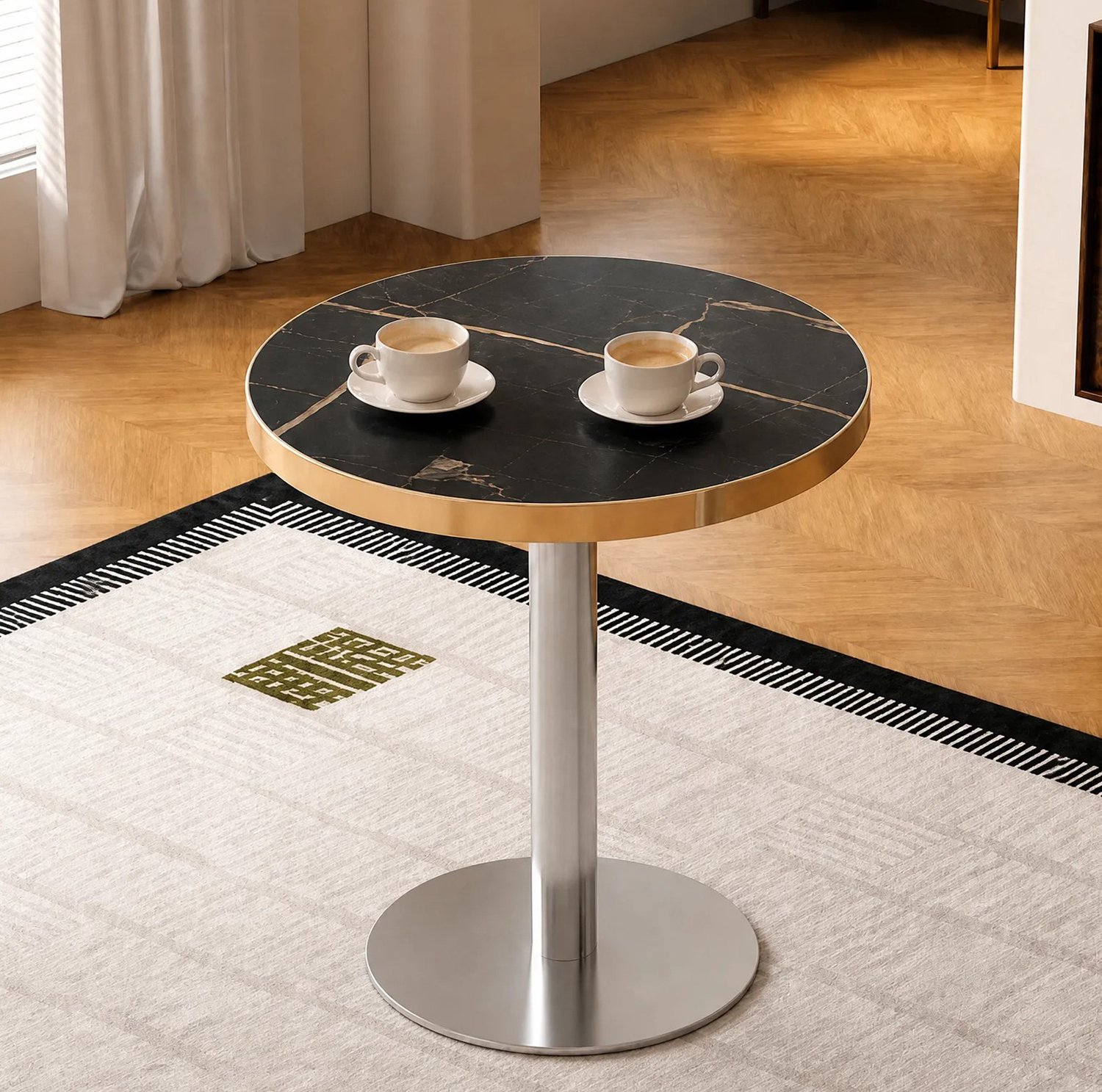 WUVRIE Ronde bijzettafel Ø 60 cm - Marmerlook tafelblad met goudkleurige RVS-rand - Zwart
