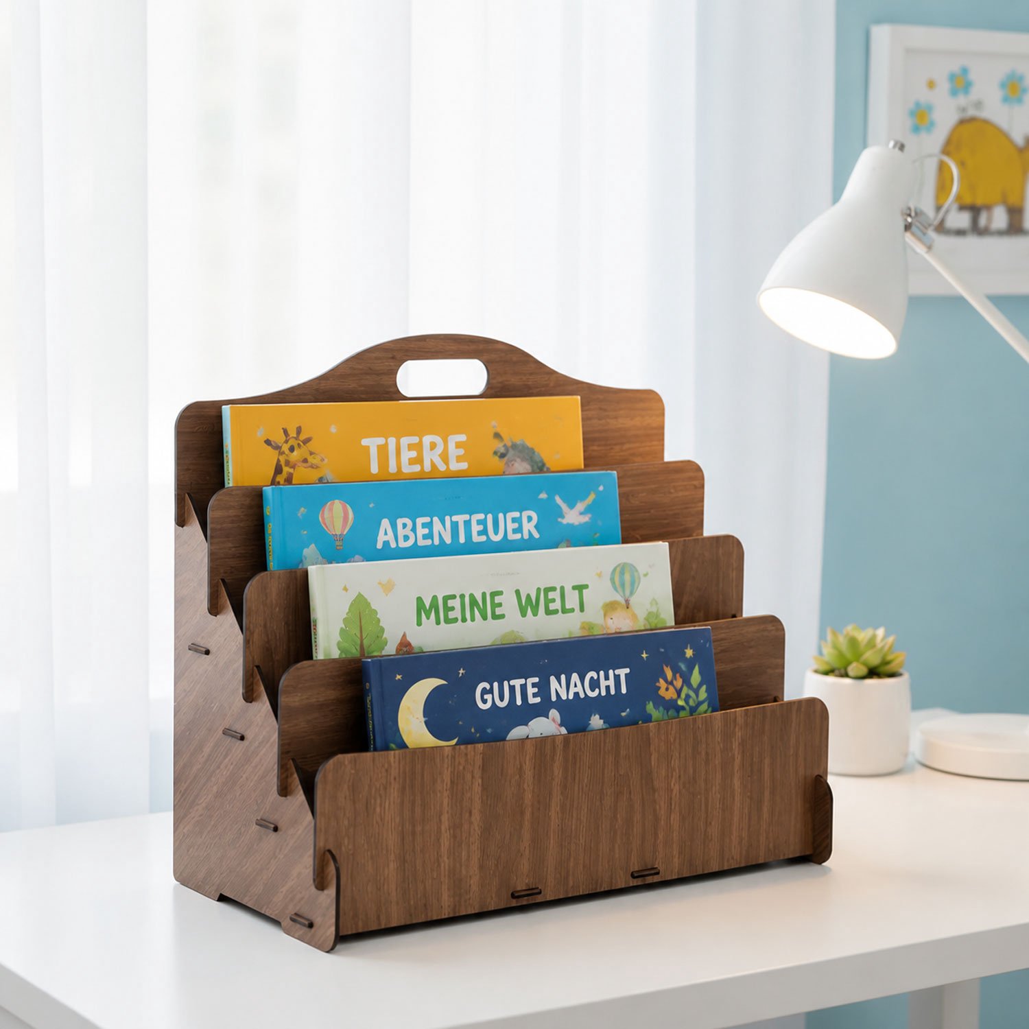 Jungengel Montessori Kinderboekenkast Walnoot 4 Vakken - Boekenrek Kind Kinderkamer Speelkamer - Boekenstandaard met Handvat MDF 45x20x35 cm - Voorkant Boeken Zichtbaar - Zonder Schroeven - Cadeau Leeshoek Peuter