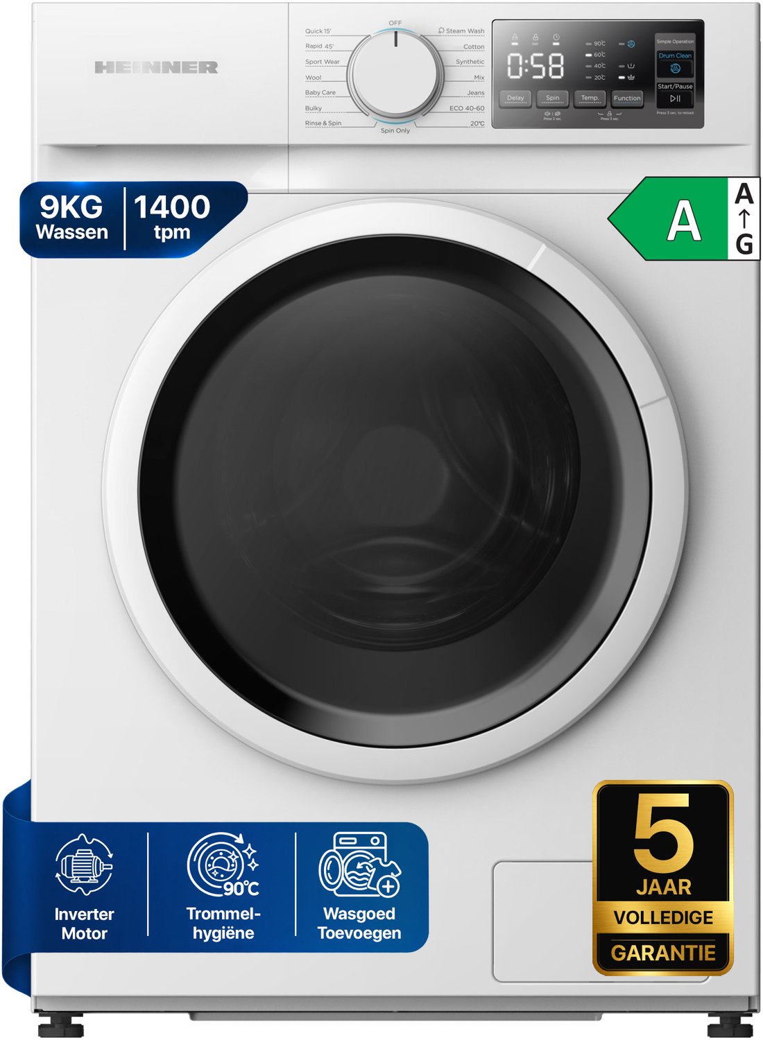 Heinner HWM-M914IVNA+++ Slanke Wasmachine 9 kg - 15 Wasprogramma’s - Stoomprogramma - Inverter - LED Display - 1400 tpm - Energieklasse A – Wit – 5 Jaar Garantie