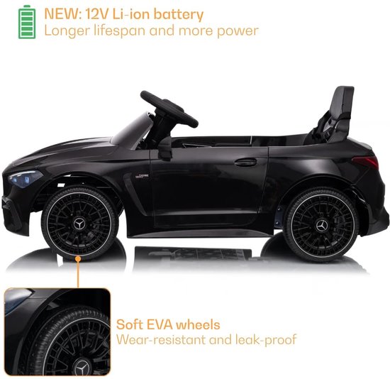 Zwarte Mercedes kinderauto met krachtige 12V Li-ion batterij en zachte EVA-wielen.