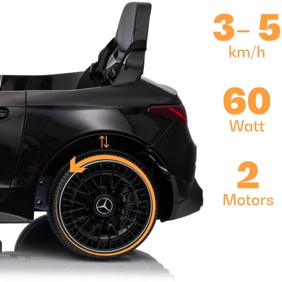 Zwart achterwiel van kinderauto met 60W motor, snelheden van 3-5 km/u.