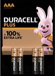 Verpakking met vier Duracell Plus AAA-batterijen met het iconische roze konijn en tekst: 100% extra levensduur.