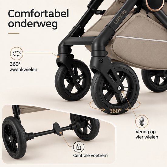 Lunola Noor Premium Kinderwagen 2 in 1 - Combi met Reiswieg en Omkeerbaar Zitje - Compact Inklapbaar - buggy en kinderwagen voor 0 tot 3 Jaar - Kaki — afbeelding 5