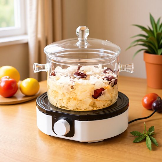 Glazen kookpan met ingrediënten op een elektrische kookplaat in een keukenomgeving.