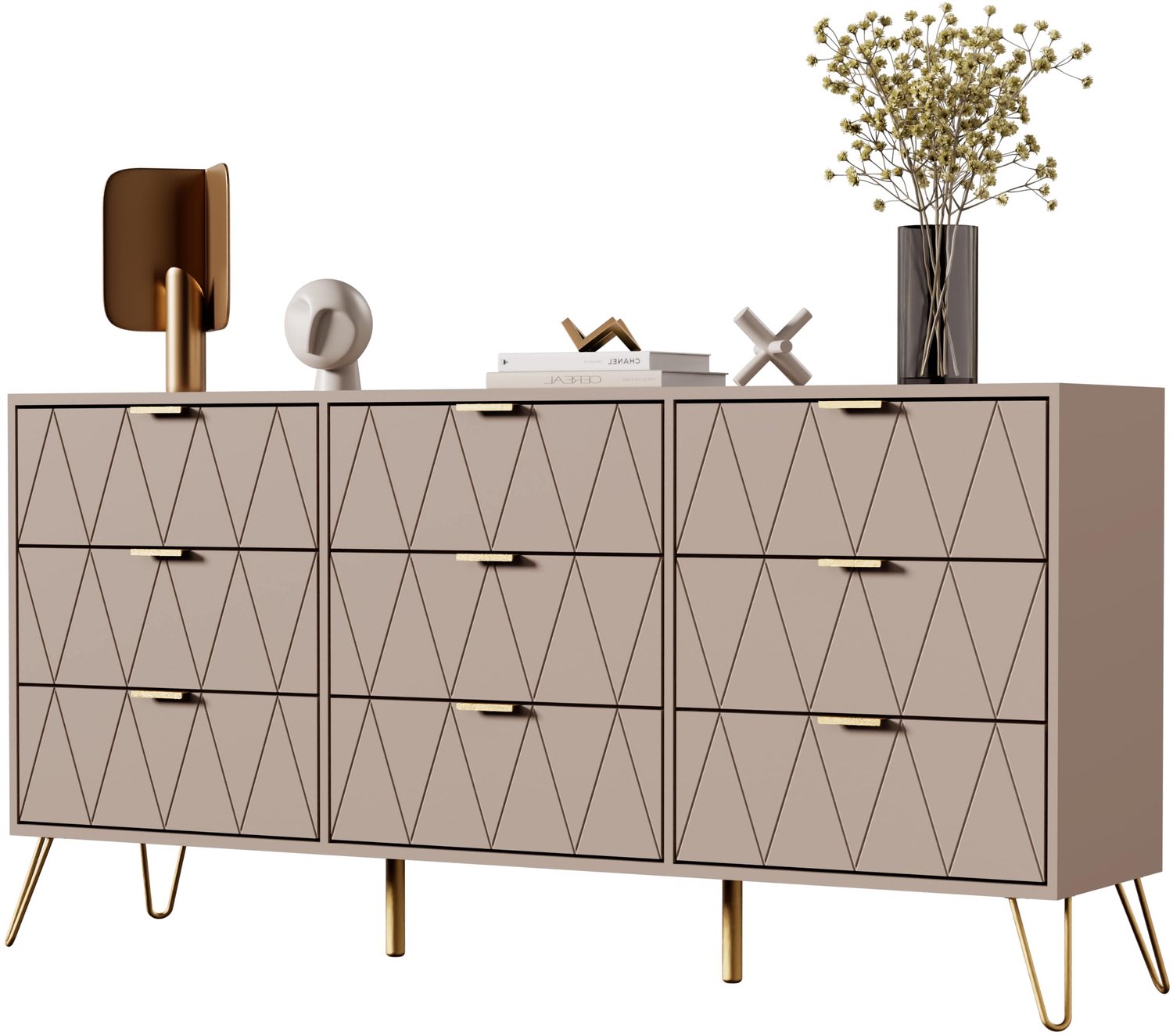 UEV Commode met 9 lades, 150x34x74cm, Modern dressoir, tv-meubel, opbergkast, ladekast voor woonkamer, slaapkamer, hal (Moka)