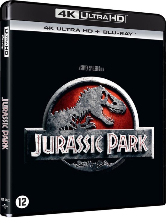 Jurassic Park 4K Ultra HD Blu-ray hoes met T-Rex logo op een rode achtergrond en zwarte behuizing.