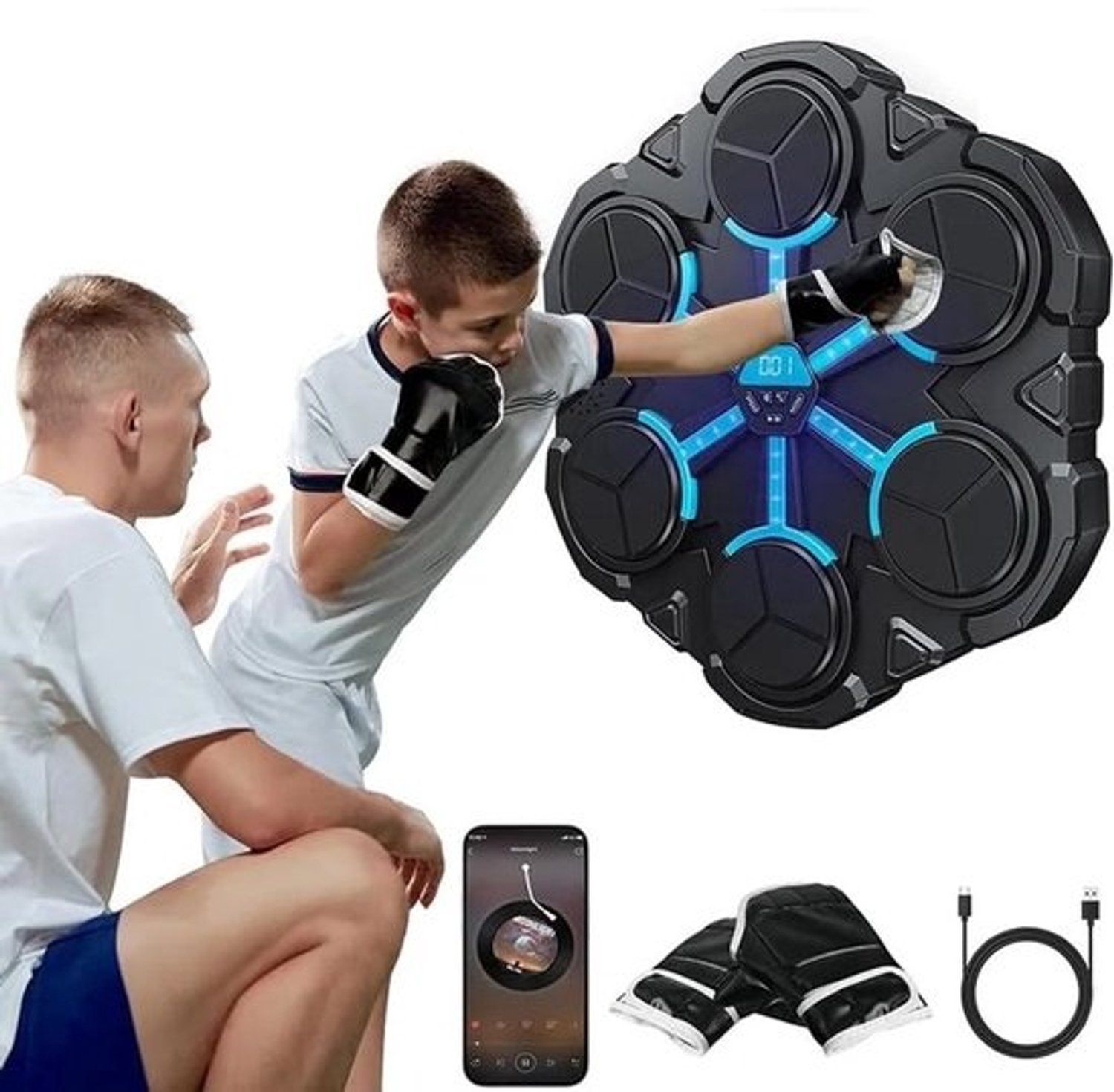 Smart Music Boxing Machine - Nieuw 2025-model - Met bokshandschoenen - Vernieuwd display - Verschillende modi - Voor volwassenen en kinderen - Fitness - Boksmachine - Boxmachine - Bluetooth