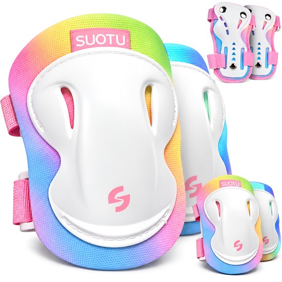 Suotu beschermset voor kinderen in regenboogkleuren met witte kappen en roze banden.