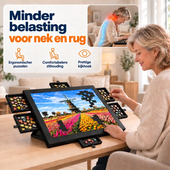 Vrouw puzzelt aan ergonomisch verhoogd bord met molenafbeelding, minder nek- en rugbelasting.