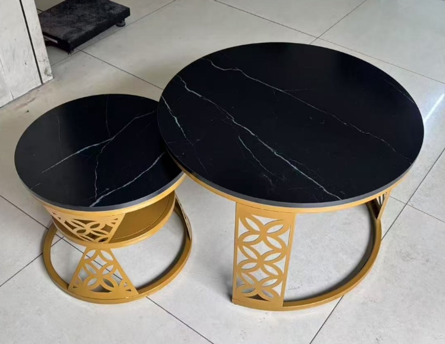 Maisentiel Ronde salontafelset 70 en 45 cm - Hoogglans marmerlook - Metaal - Zwart/Goud