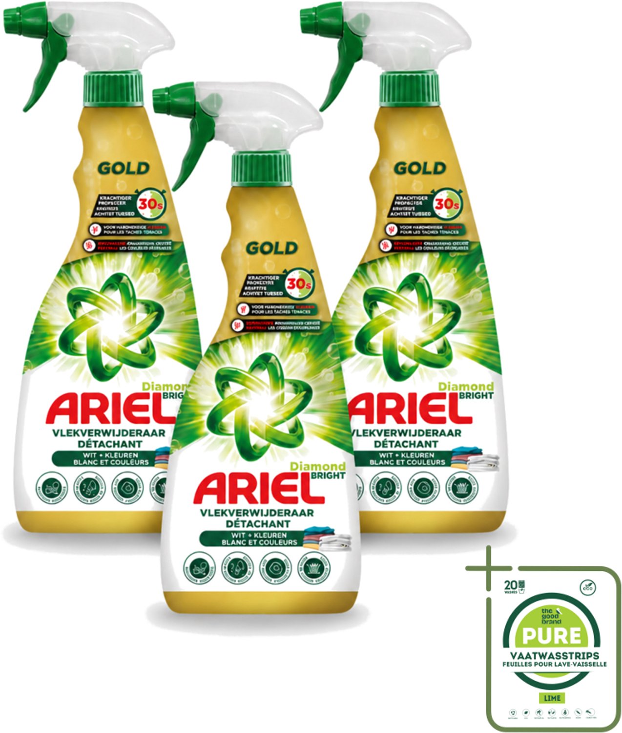 3 x Ariel - Vlekkenverwijderaar - Gold Spray - 750 ml - Grootverpakking - Vaatwasstrips - Vlekken Verwijderen - Snel Wasmiddel - Vlekken Op Witte Kleding - Vlekken Op Gekleurde Kleding - Vlekken Op Sportkleding