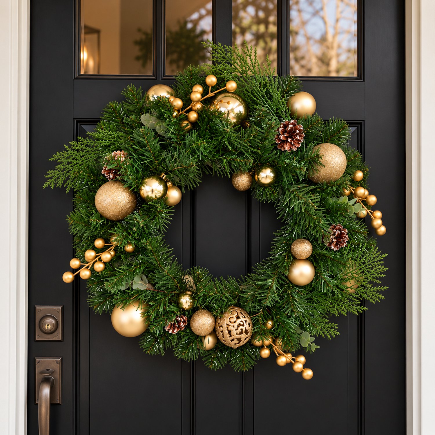 Kerstkrans Champagne 50 cm – Luxe Deurkrans met Kerstballen, Dennenappels en Gouden Details – Kerstdecoratie – foto 4