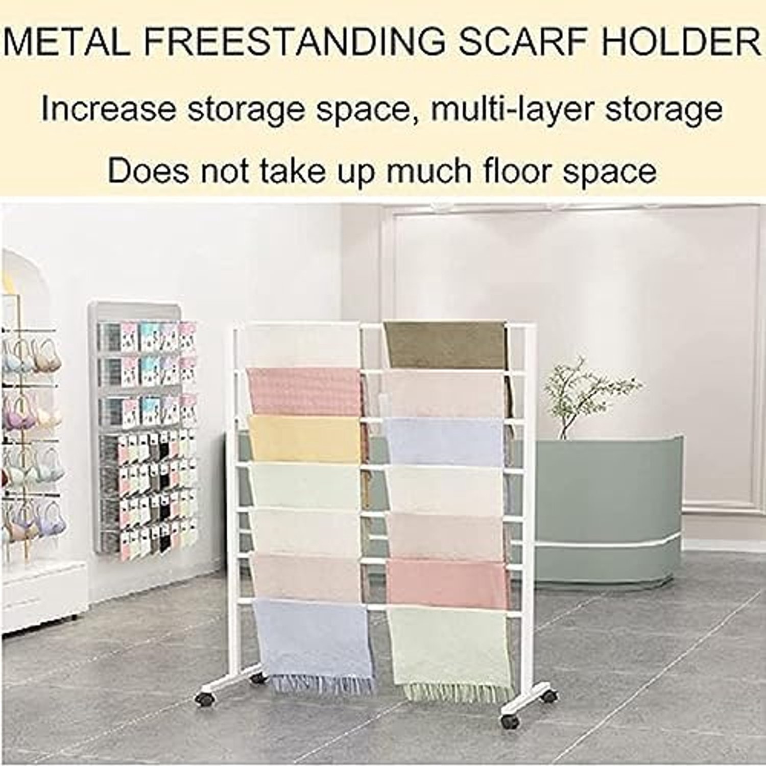Metalen Sjaal Displayrek met 7 Stangen en Wielen – Verplaatsbaar Kledingrek voor Sjaals, Riemen, Broeken, Handdoeken & Winkelpresentatie – 60 x 40 x 145 cm