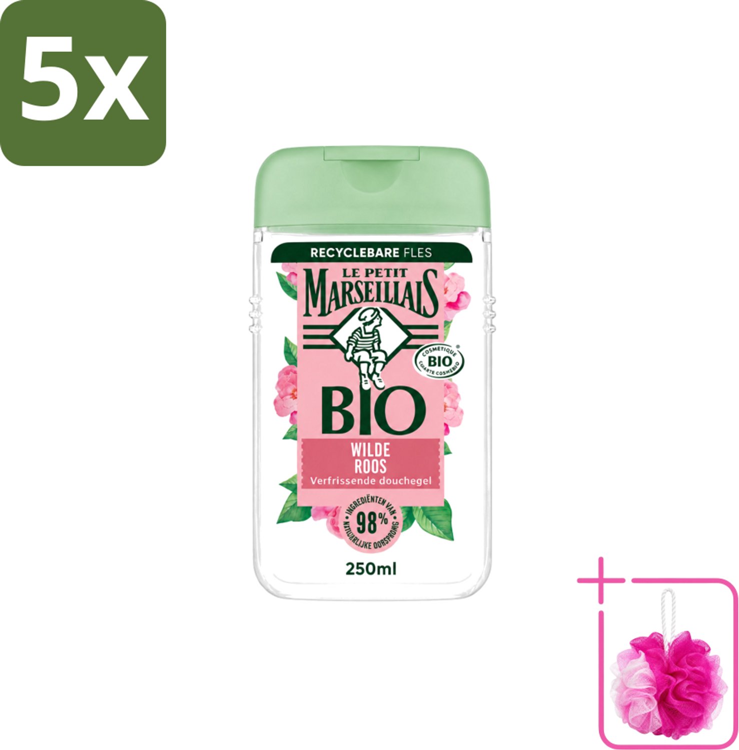 5 x Le Petit Marseillais – Douchegel – Bio Wilde Roos – Verfrissend – 250 ml - Bulkverpakking - Douchegel - Douchemop - Bio rozenbottel