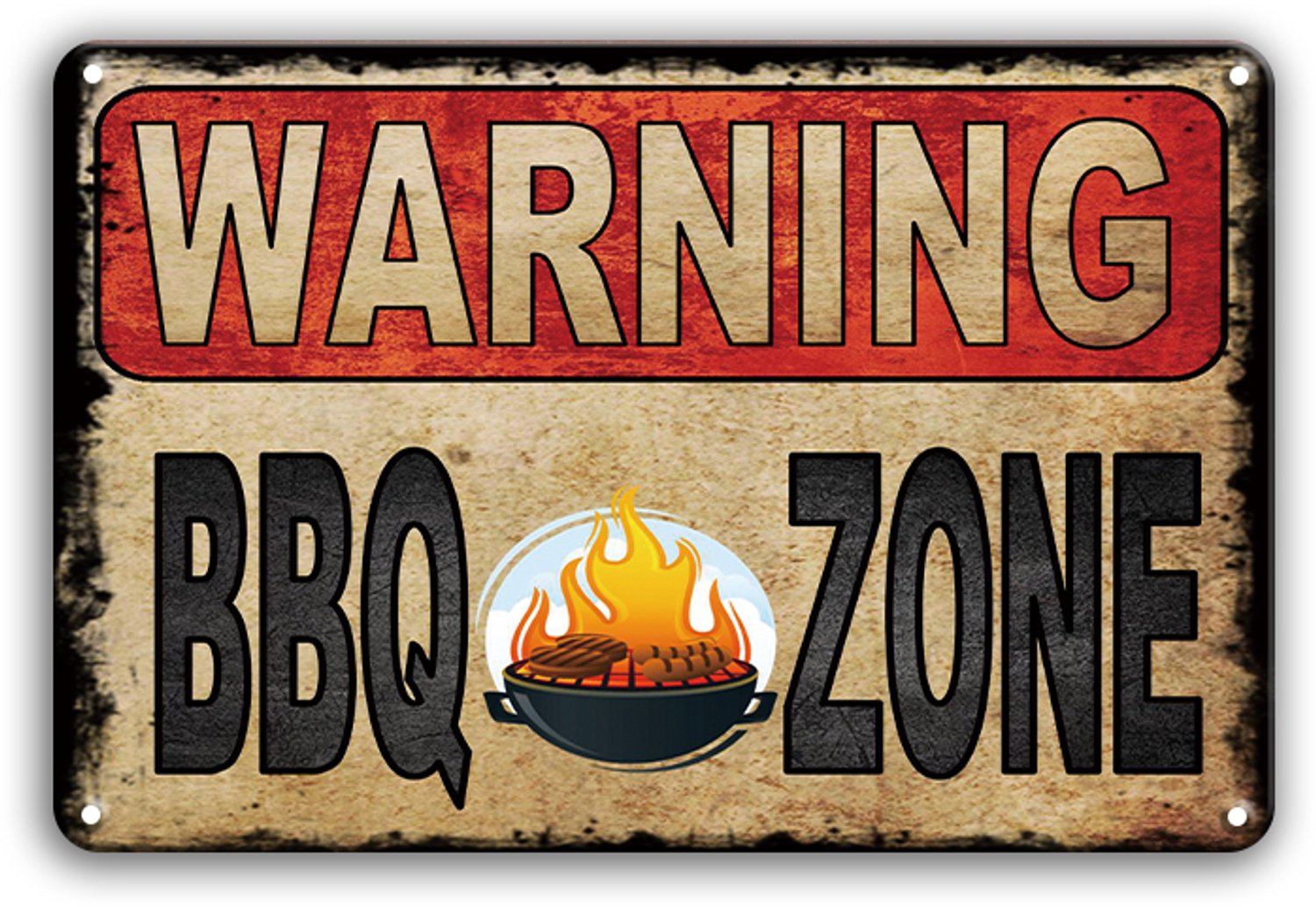 Warning BBQ Zone - Metalen Wandbord 20x30cm – Barbecue Tekstbord BBQ - Wanddecoratie Tuin Buitenkeuken Mancave – Vintage Retro Decoratie
