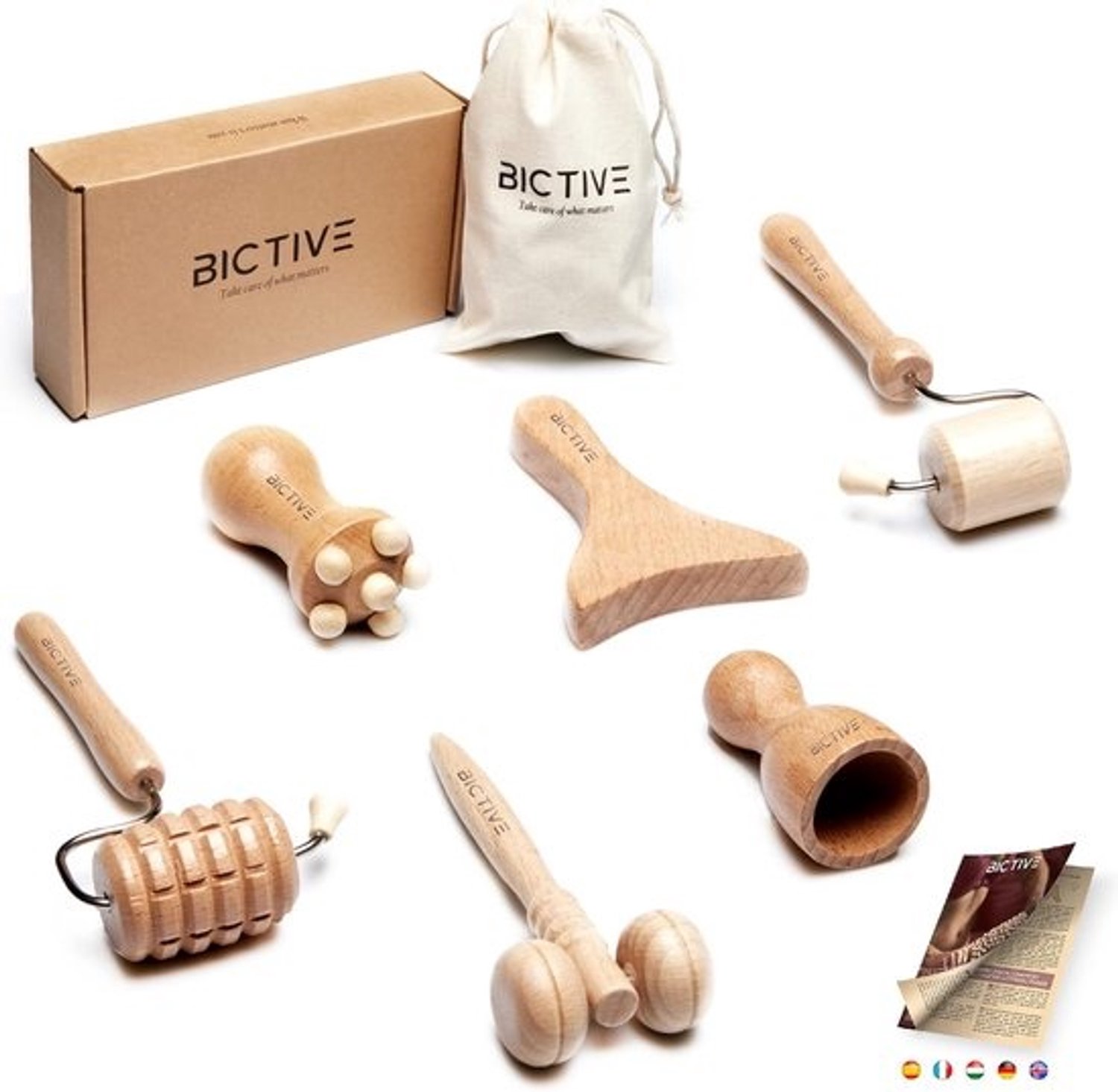 Set van 6 maderotherapietools voor gezichtsmassage - Massagetools van hout met opbergtas