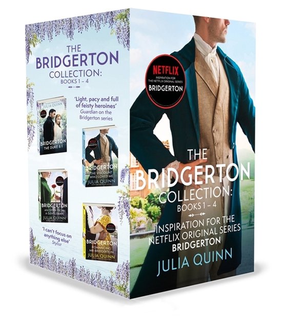 Bridgerton collectie boeken 1-4 boxset met historische kostuumdrama covers en Netflix-logo.