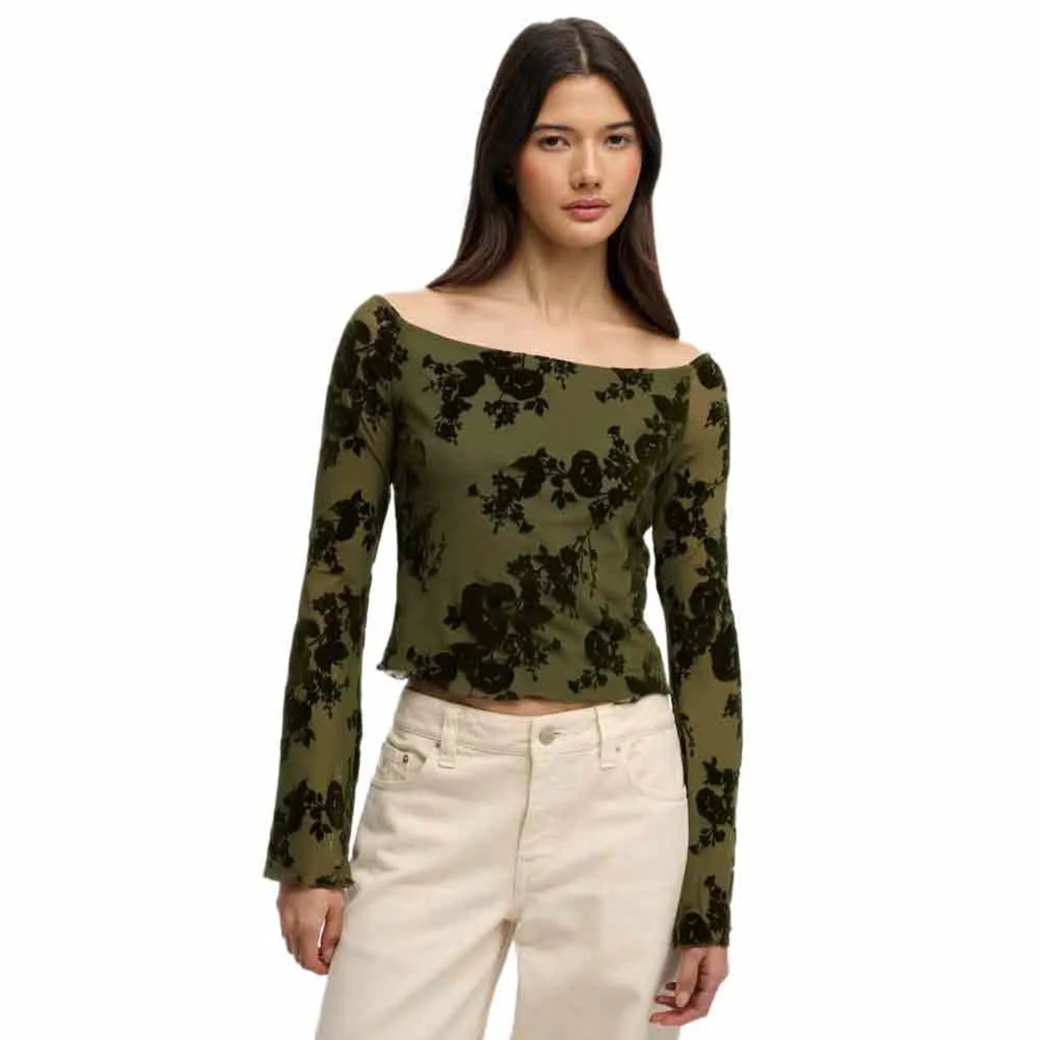 Superdry Flocked Mesh Top Met Lange Mouwen Dames Tops Groen