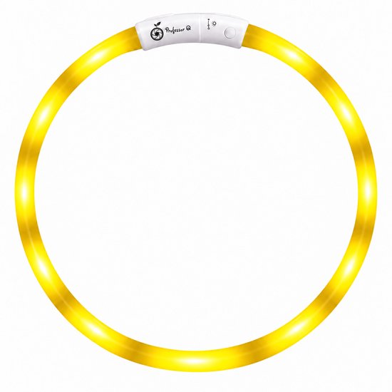 Collier LED jaune vif Professor Q avec un bouton de commande blanc.