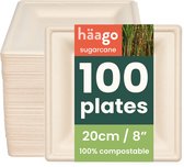 Haago – 100 Vierkante Bagasse Borden, 20cm – Stevig, Stijf & Lekvrij – Biologisch Afbreekbaar & Thuis Composteerbaar – Wegwerp