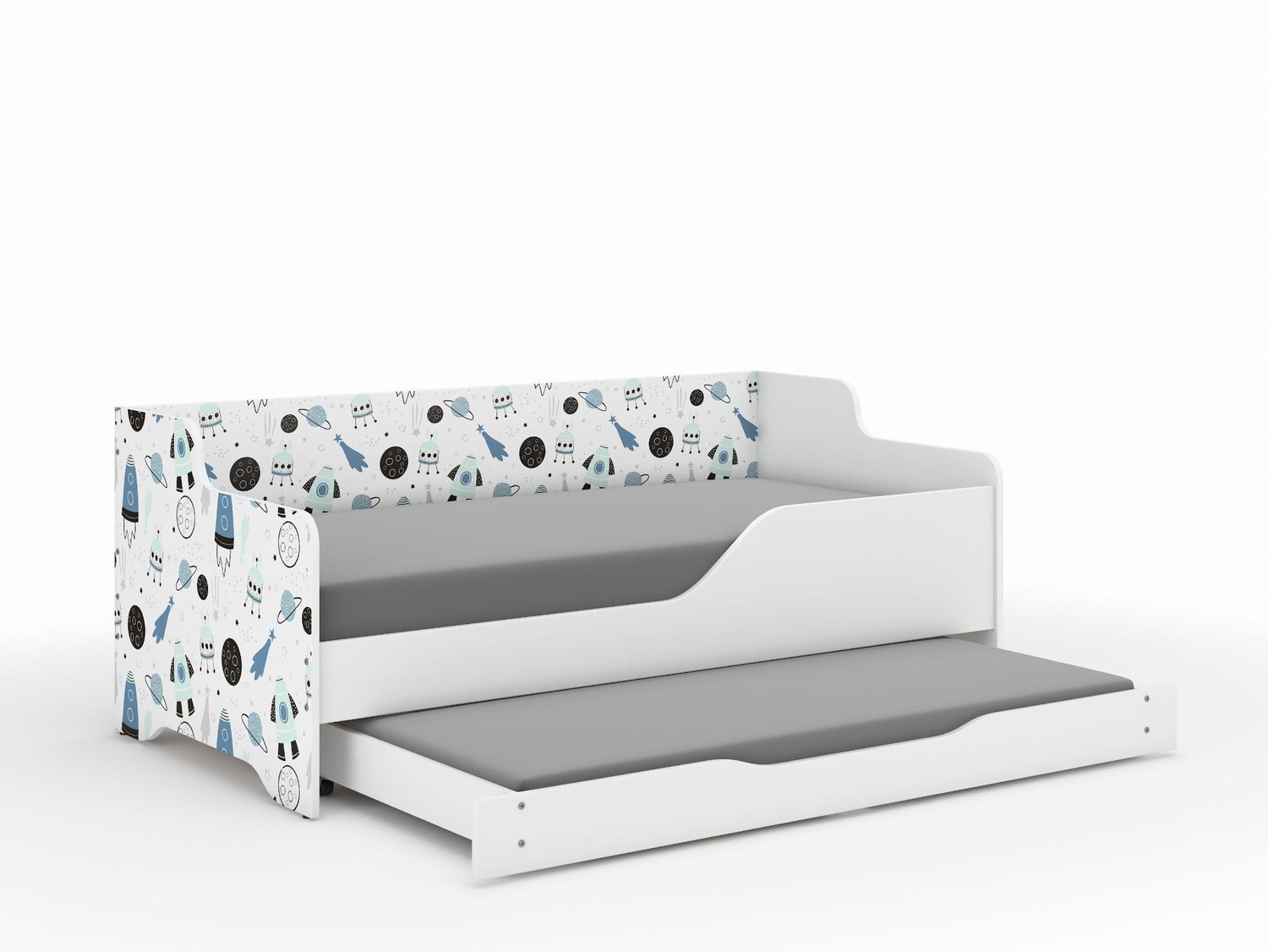 Wooden Toys Lilu Serie - Kinderbed - 160 x 80 cm - Kosmosthema - Uitschuifbedlade wit