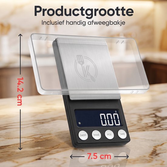 Kitchenwell digitale mini precisie keukenweegschaal - 0,01 tot 200 gram - 14.2 x 7.5 cm - pocket scale op batterij - weegschaal keuken — cadeau in Kookcadeaus - foto 2
