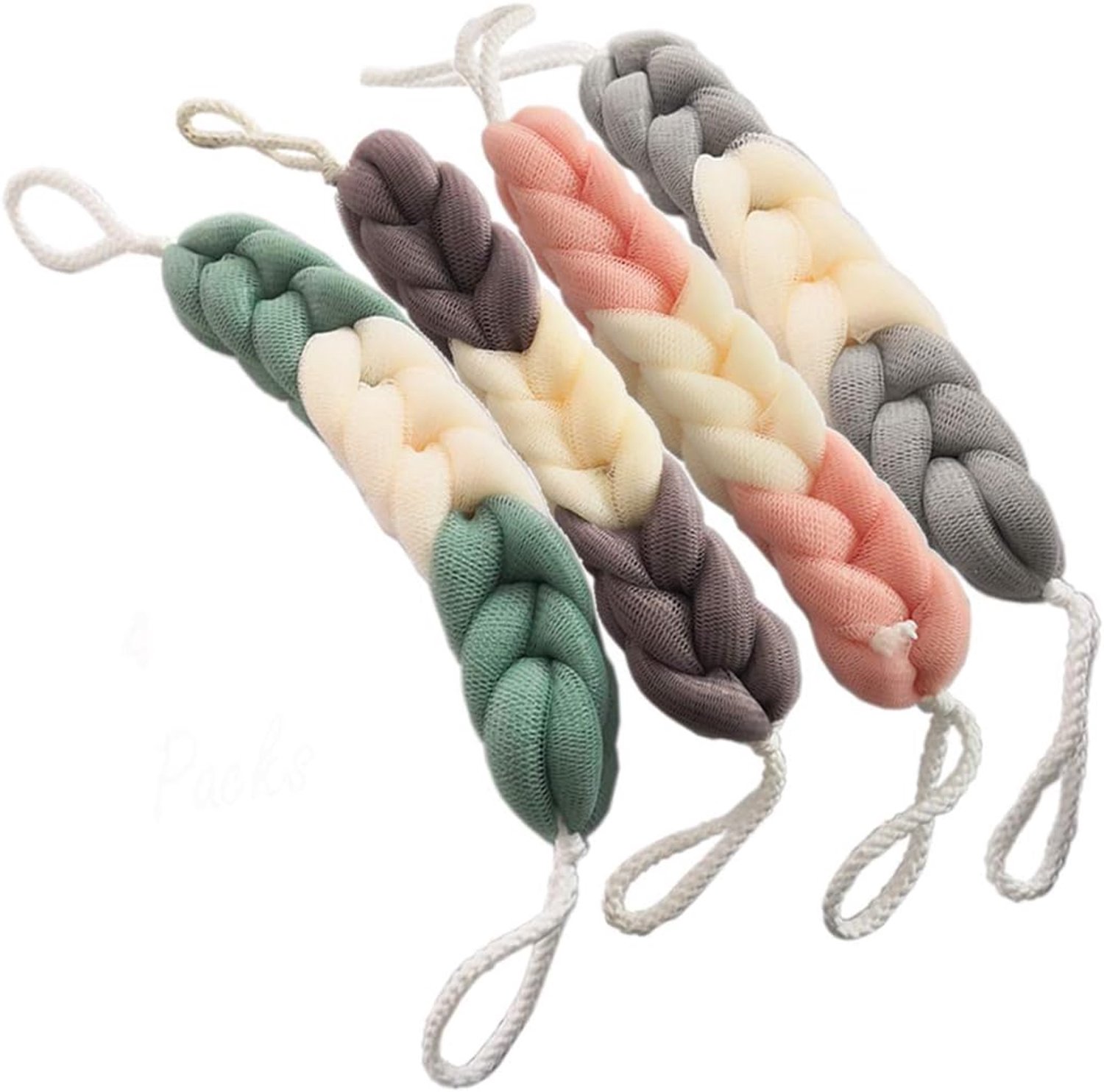 4 stuks Badspons - Lange Douche Puff met Touwtje - Gebreid / Gevlochten Net - Groen Bruin Roze Grijs - Rug Wassen - Bad Douche