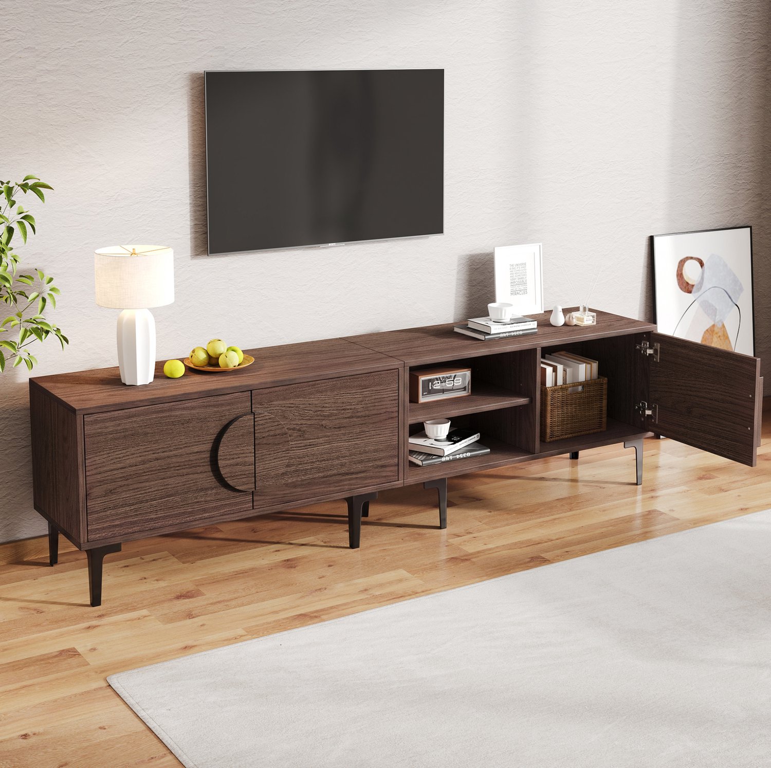 CHICFURN TV-meubel 180 cm - Geschikt voor tv's tot ca. 80 inch - Opbergruimte - 3 deuren en 2 open vakken - Woonkamer of thuisbioscoop - Spaanplaat en PVC - Donker eiken Donker walnoot