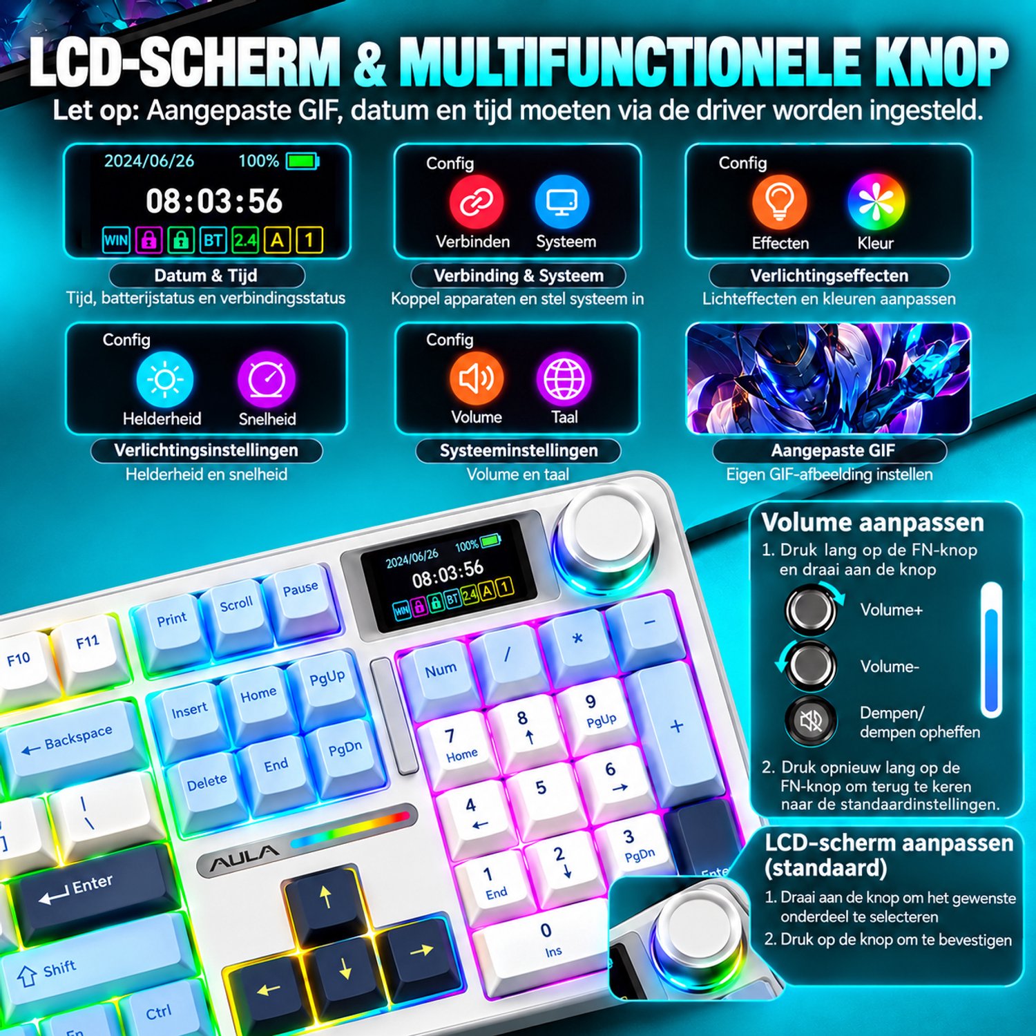 EPOMAKER x AULA F108 Pro - Licht Blauw - Mechanisch Gaming Toetsenbord – LCD Display – RGB – Tri-Mode Draadloos – Hot-Swappable – Full Size - Reaper Switch thumbnail 2