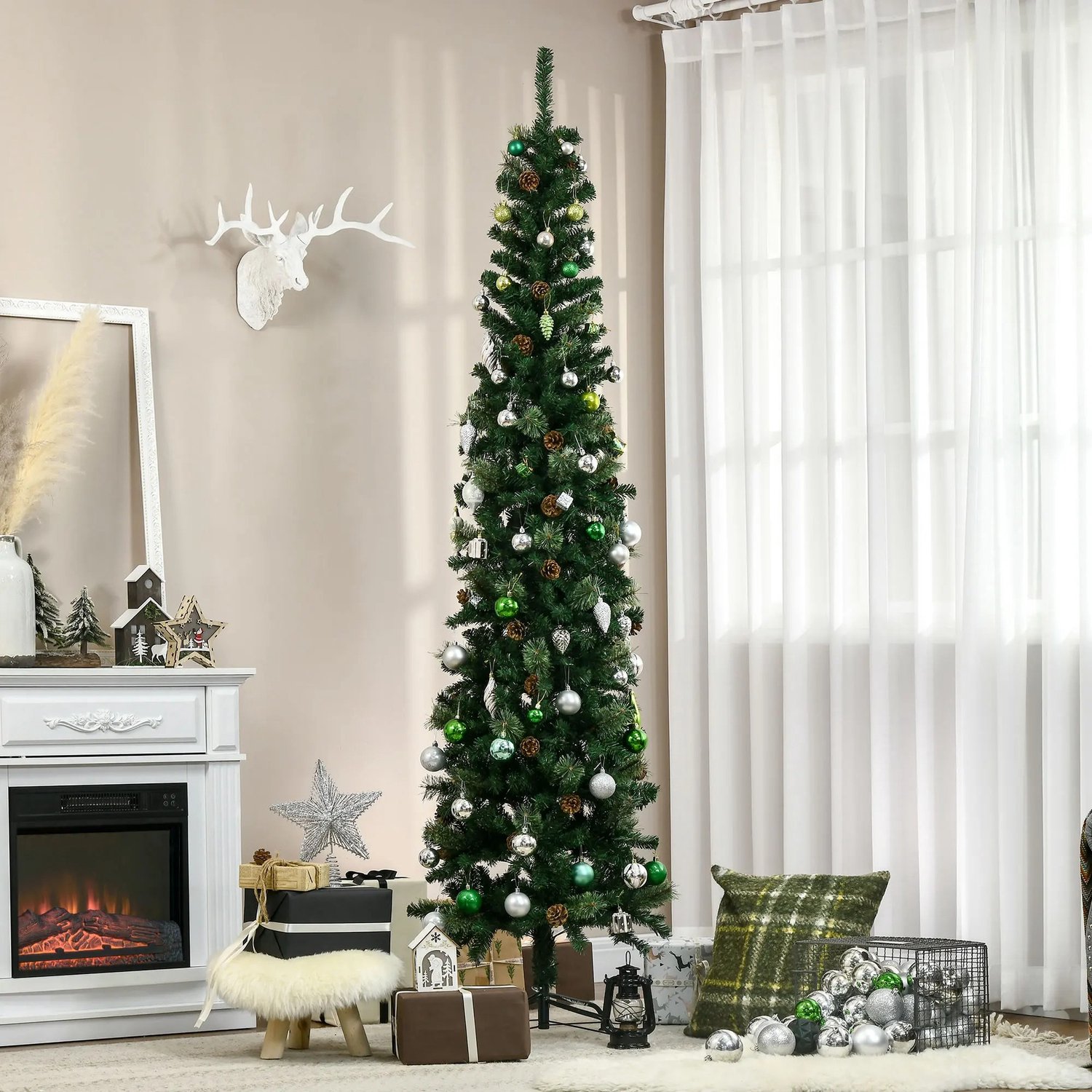 Delightness Kerstboom - Kunst Boom - Decoratie - Nep Boom - Kerst - Smalle Kerstboom - Feestdagen - Dennenappels - 58X58X225 Cm - Groen – foto 3