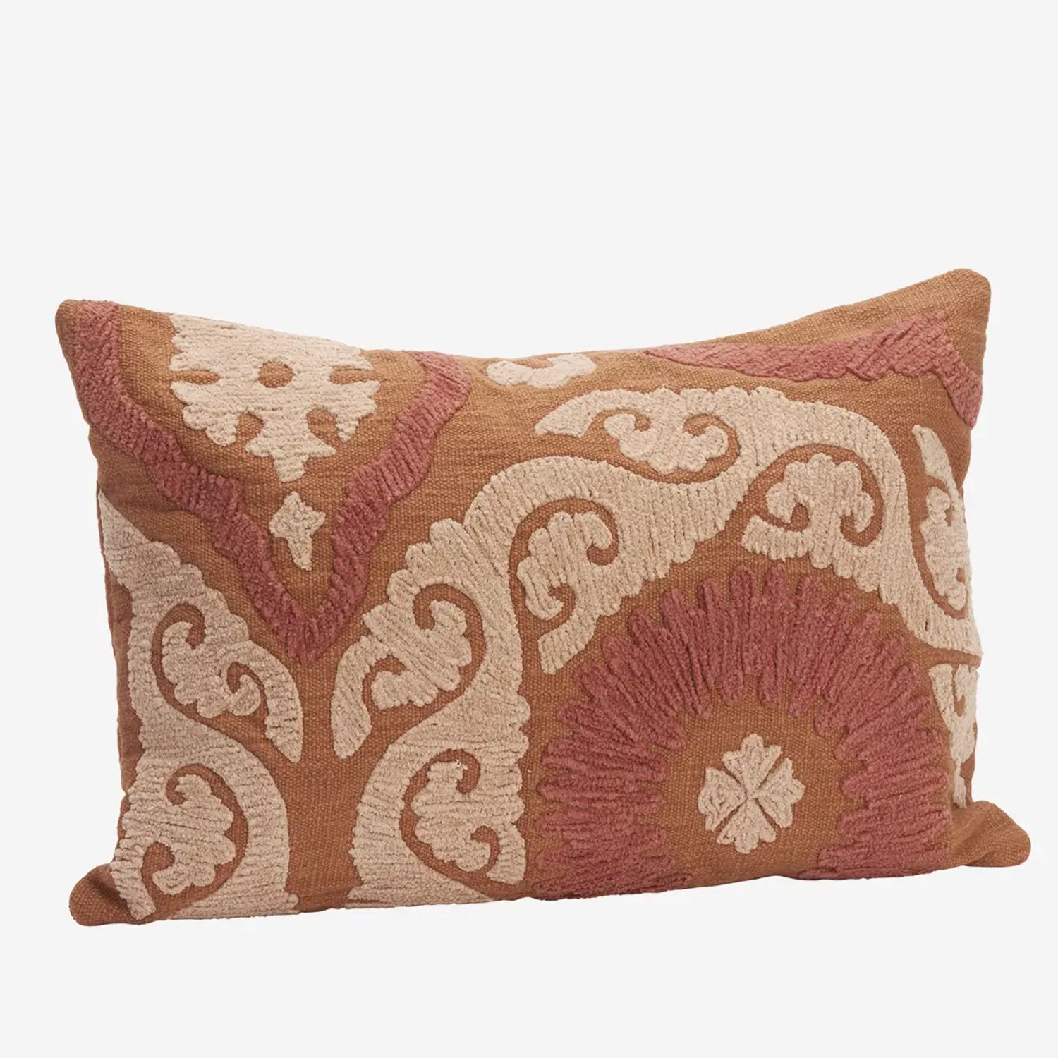 Madam Stoltz - Suzani Geborduurde Kussenhoes – Oranje / Dusty Rose – 40 x 60 cm