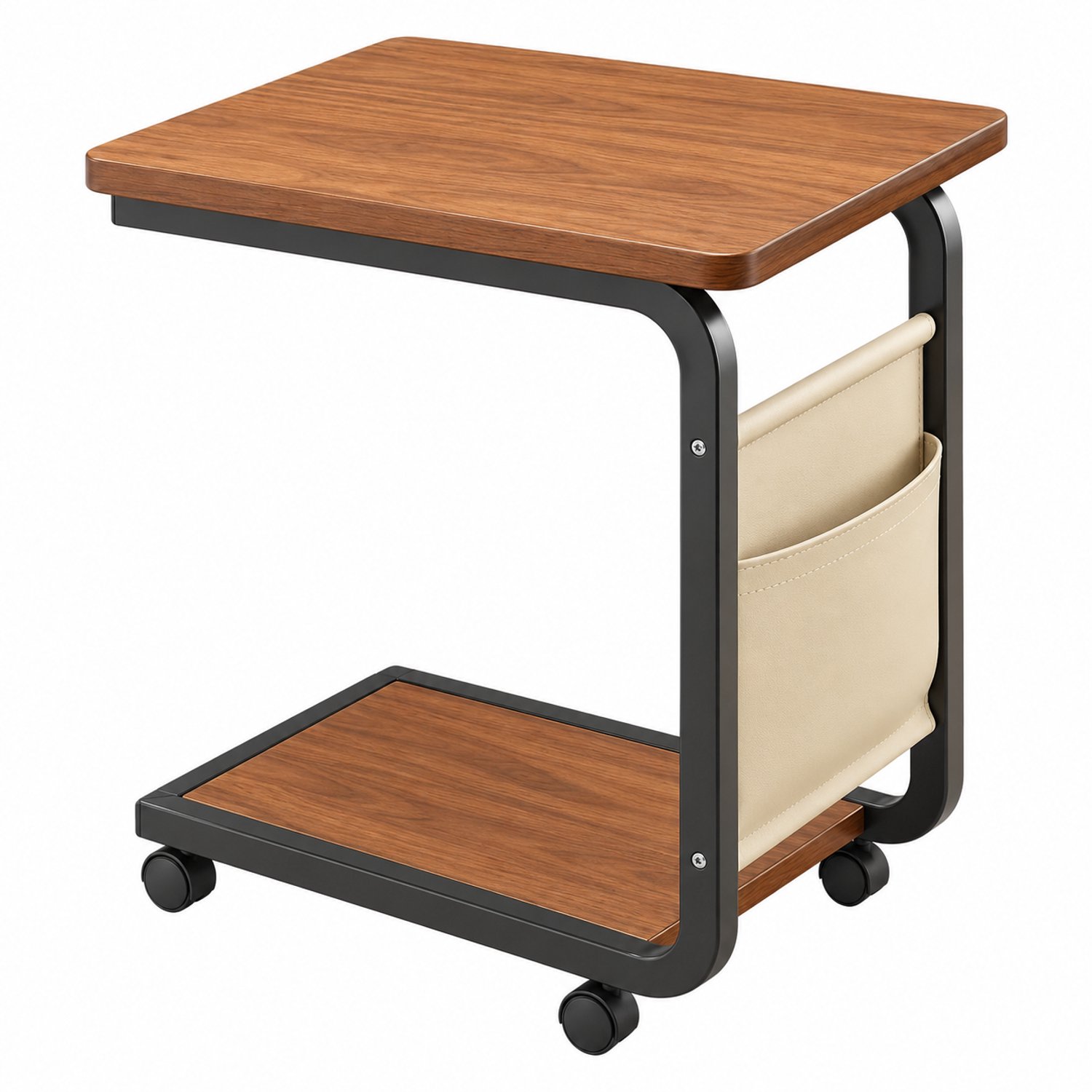 MokoHub Rollende Bijzettafel met Opbergtas - Massief Hout - C-Vormig - Metalen Frame - Bank - 35x28x63 cm - Bruin