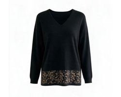 Dames Fijn Gebreid Trui - G6915 - Losse fit - Trui afgewerk met steentjes aan de voorkant Onesize (XL/XXL) Zwart